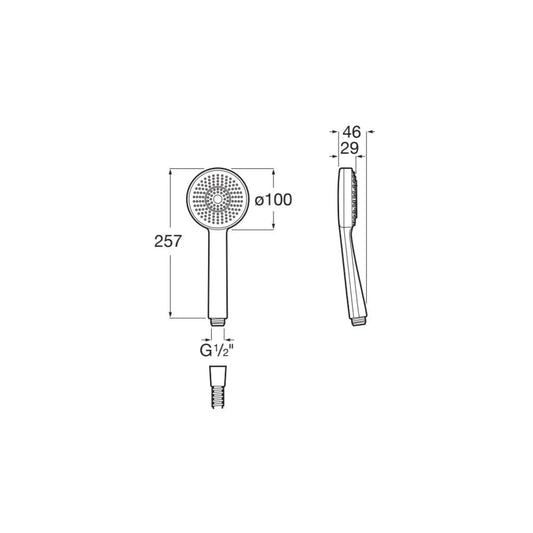 alt='Desenho técnico com as dimensões do chuveiro de mão Roca Stella de 100mm.'