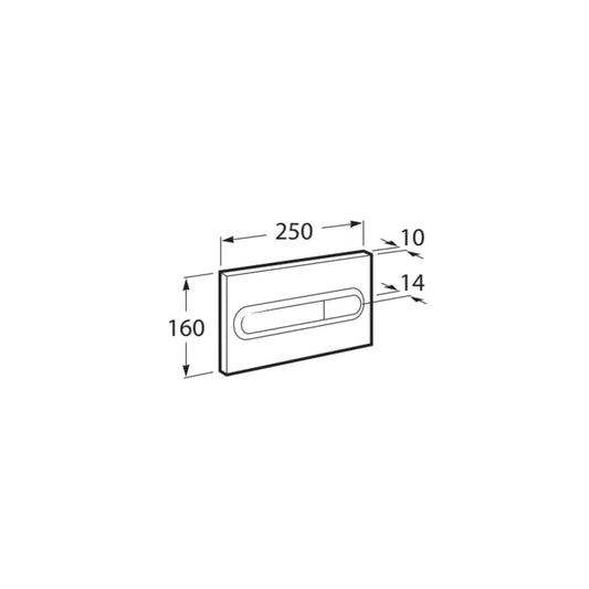 alt='Desenho técnico com as dimensões da placa de comando Roca PL1, mostrando 250mm de largura por 160mm de altura.'