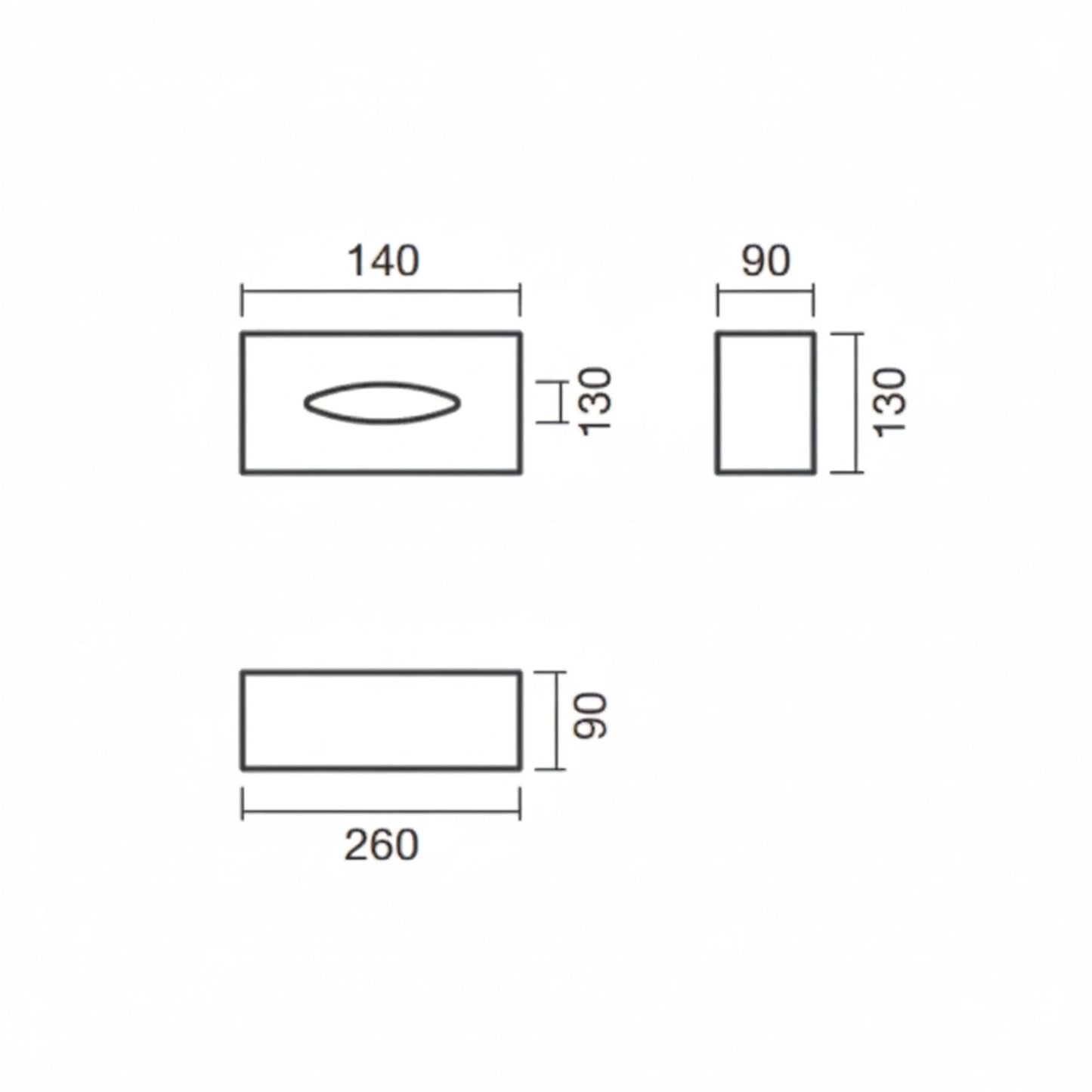 Desenho técnico com dimensões do Dispensador de Lenços Essence: 260x130x90 mm