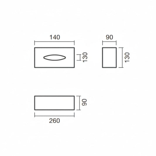 Desenho técnico com dimensões do Dispensador de Lenços Essence: 260x130x90 mm