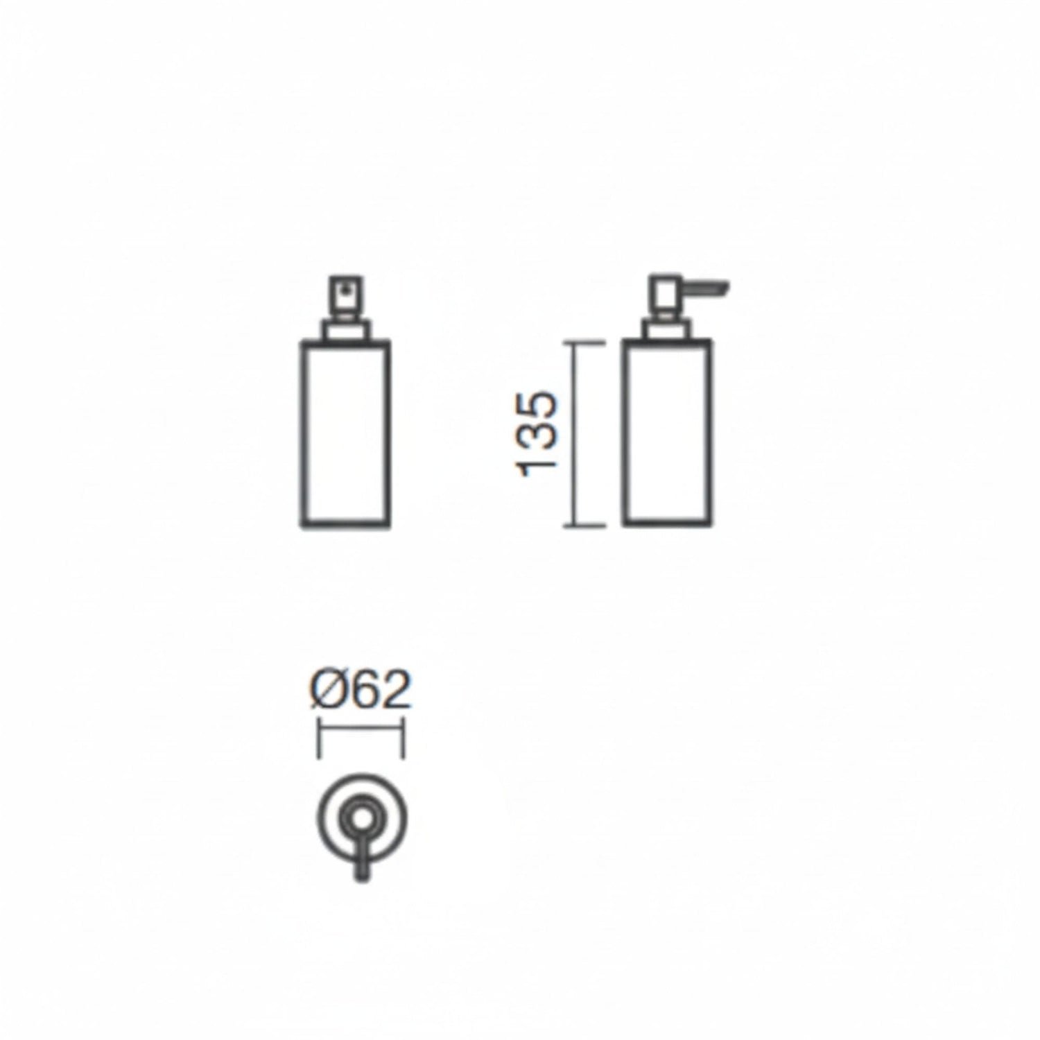Desenho técnico com dimensões do Dispensador de Sabão Essence: 135mm de altura e 62mm de diâmetro
