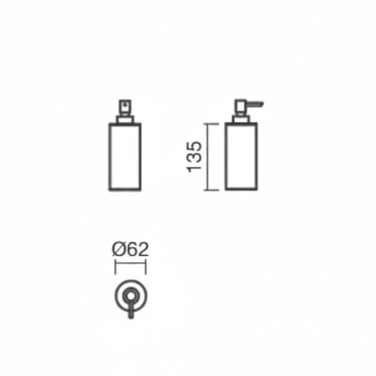 Desenho técnico com dimensões do Dispensador de Sabão Essence: 135mm de altura e 62mm de diâmetro