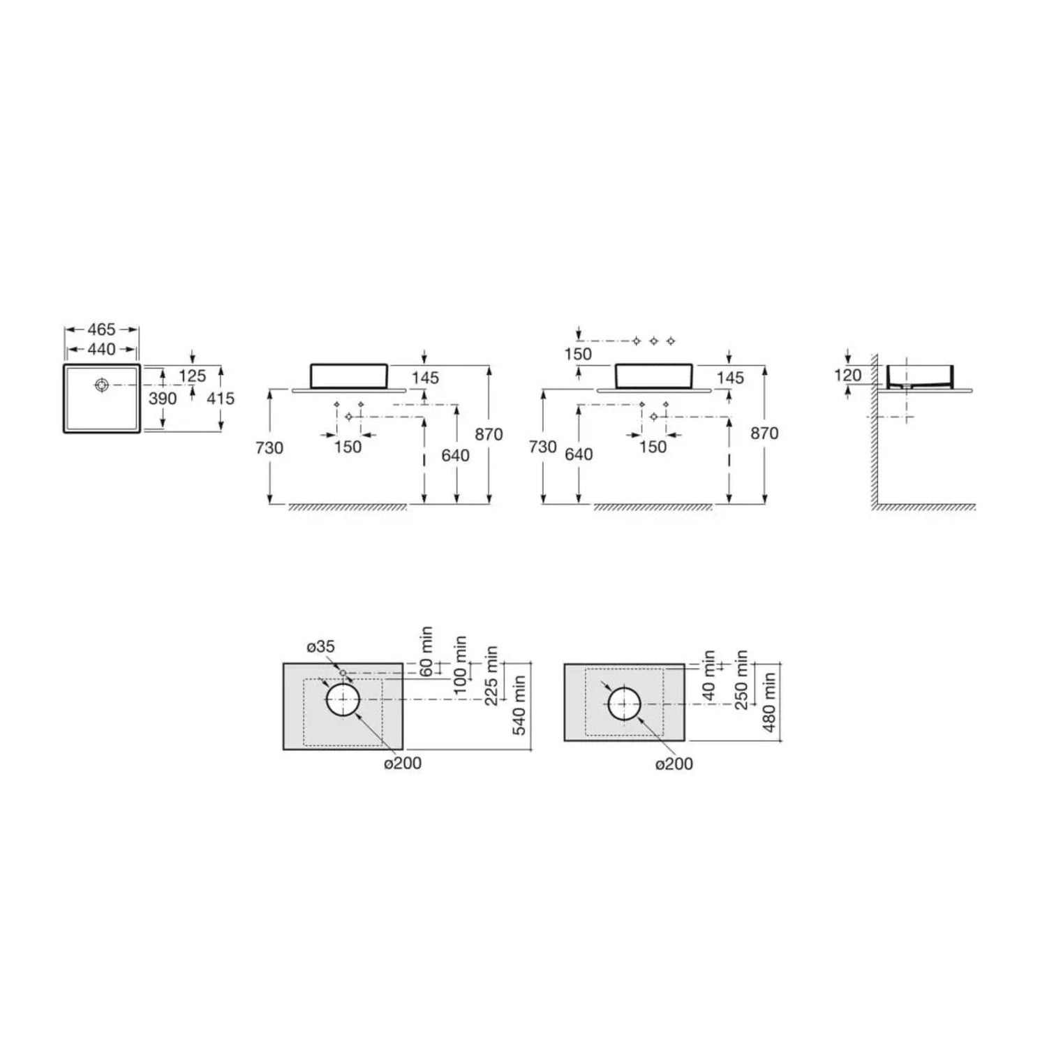 Desenho técnico com especificações e dimensões do Lavatório de Bancada Roca Sofia 46 cm