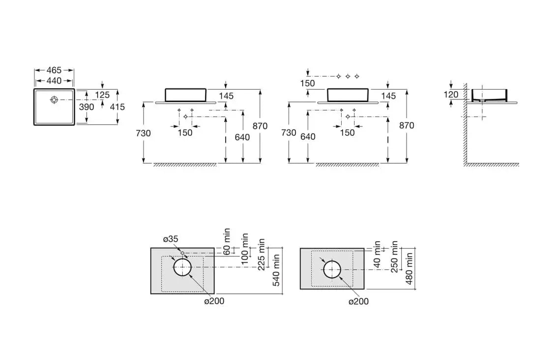 Desenho técnico com especificações e dimensões do Lavatório de Bancada Roca Sofia 46 cm ($460 \times 461$ mm).