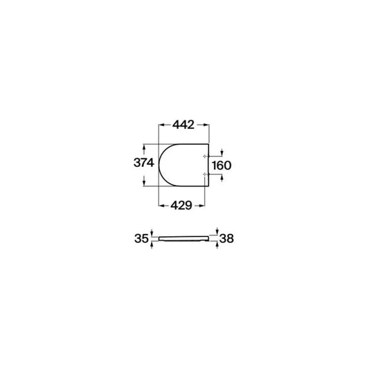 alt='Desenho técnico com as medidas da tampa de sanita Roca Inspira Round, indicando 442mm de comprimento e 374mm de largura.'