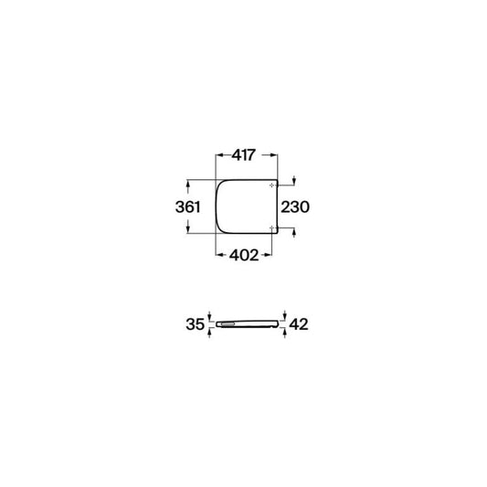 alt='Desenho técnico com as medidas do tampo de sanita Roca Dama, indicando 417mm de comprimento e 361mm de largura.'