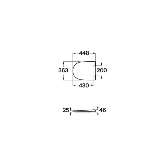 alt='Desenho técnico com as medidas do tampo de sanita Roca Ona, indicando 448mm de comprimento e 363mm de largura.'