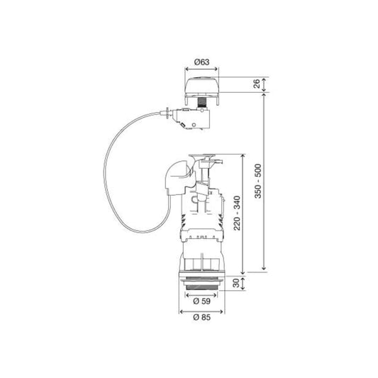 alt='Desenho técnico da válvula de descarga OLI 163808 com as respetivas medidas em milímetros.'