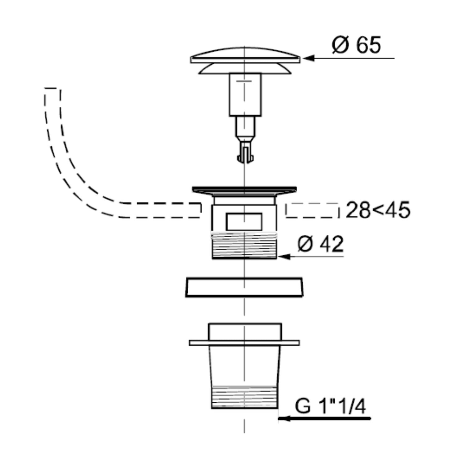 Medidas técnicas da válvula Quik Clack evidenciando o diâmetro de 65mm e rosca G 1 1/4.