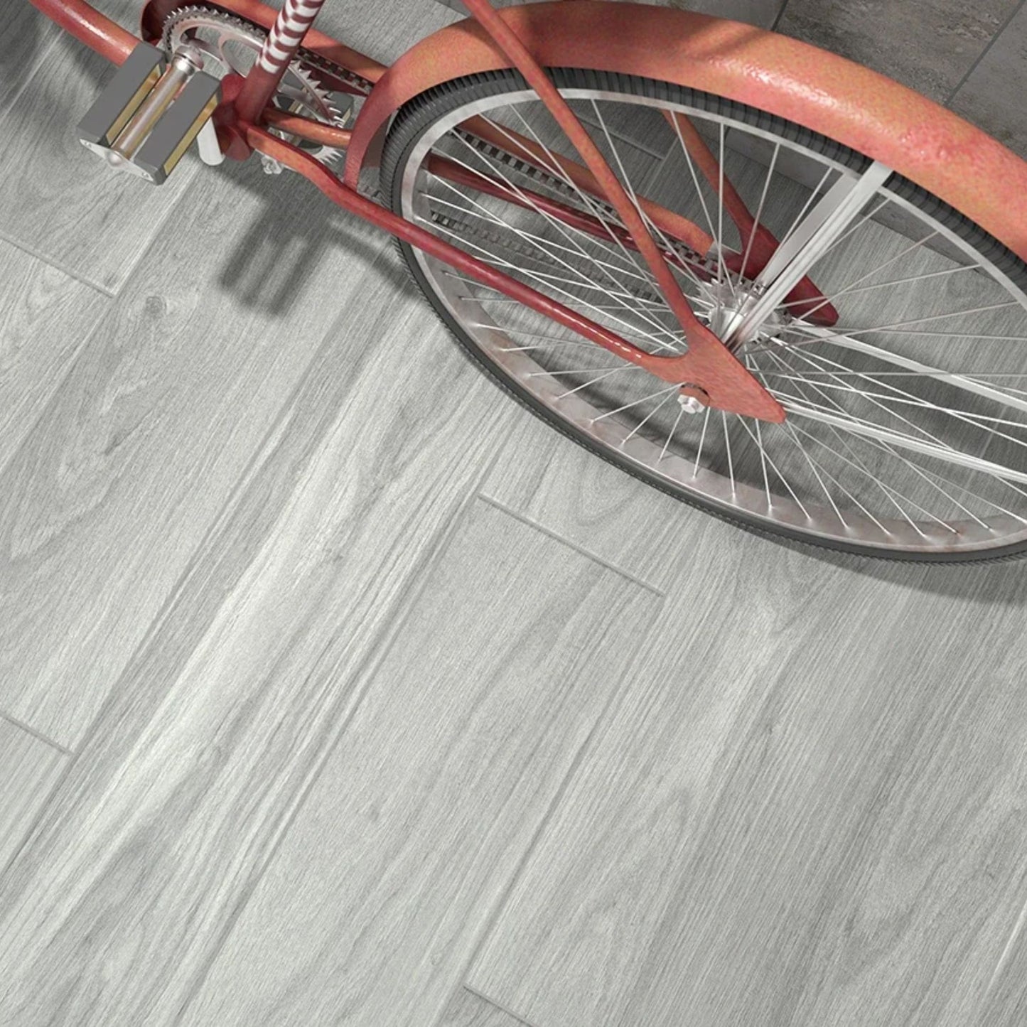 Detalhe em plano aproximado do piso cerâmico Cinca Timber Pimenta Preta com acabamento antiderrapante.   