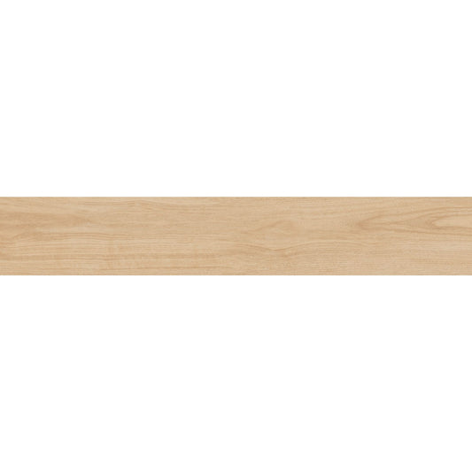 Pormenor da textura de madeira e veios suaves da régua cerâmica Stage Cream da Margres.