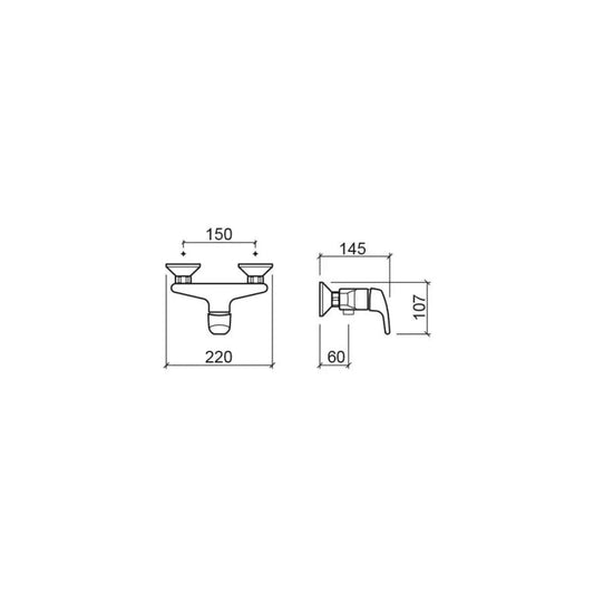alt='desenho técnico com as dimensões da misturadora de duche Easy, mostrando a largura de 220mm e a projeção de 145mm.'