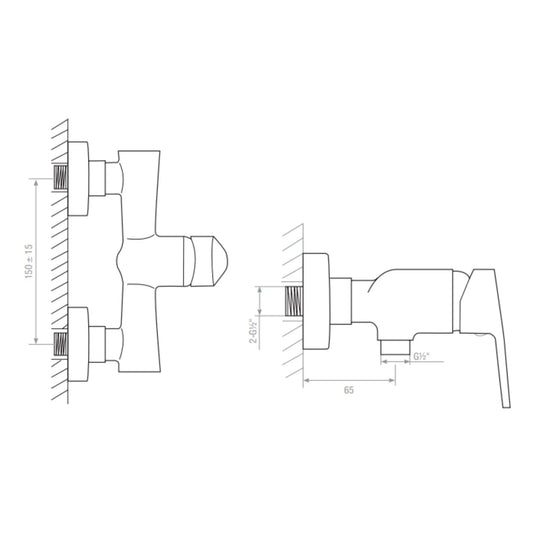 alt='Desenho técnico com as dimensões da misturadora de duche Mebra Cone, mostrando a distância entre eixos de 150mm.'