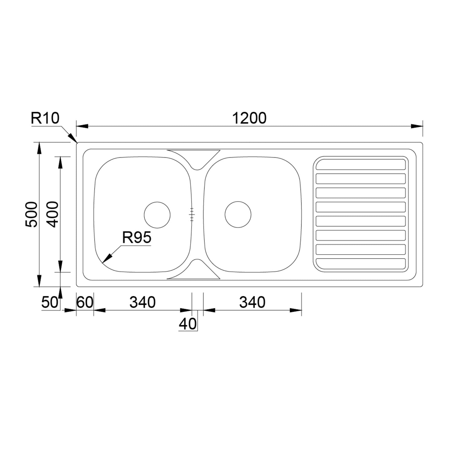 Desenho técnico com medidas do lava-louça Okio Line 1200x500mm com duas cubas de 340mm.