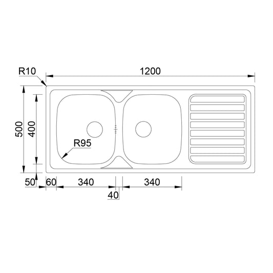 Desenho técnico com medidas do lava-louça Okio Line 1200x500mm com duas cubas de 340mm.
