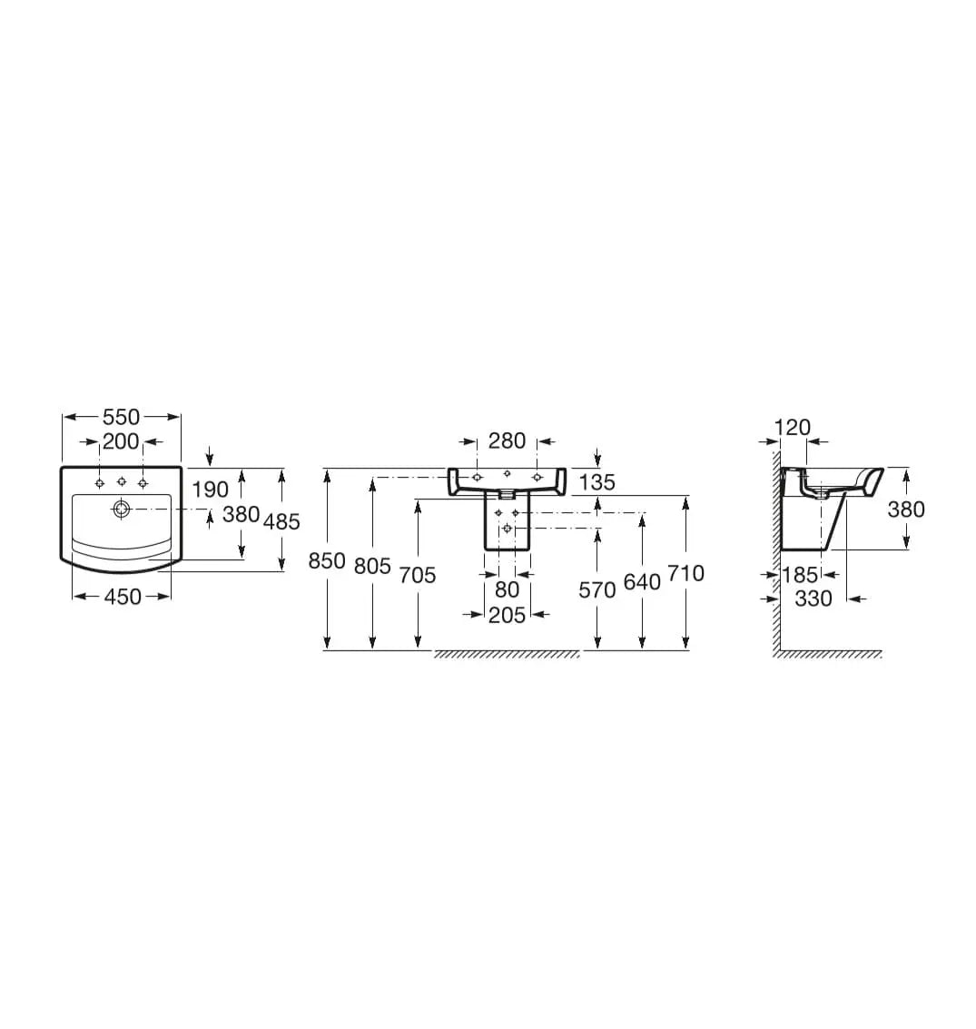 Esquema técnico com dimensões e medidas de instalação do lavatório Roca Hall 55.
