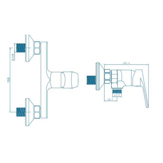 Desenho técnico da torneira Mebra Fenix com medidas de instalação e roscas G 1/2.