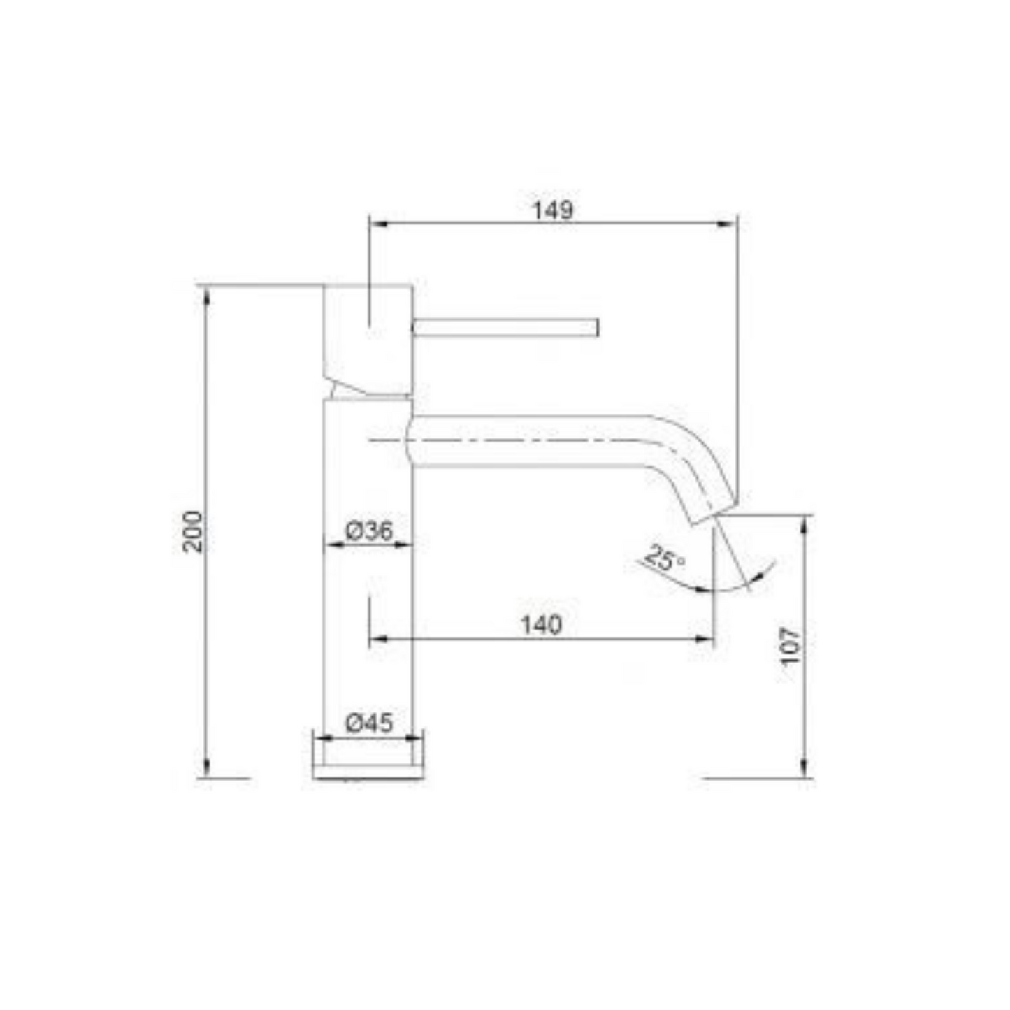 Desenho técnico com dimensões da torneira lavatório Monza ouro mate, mostrando altura total de 200 mm e alcance de 140 mm