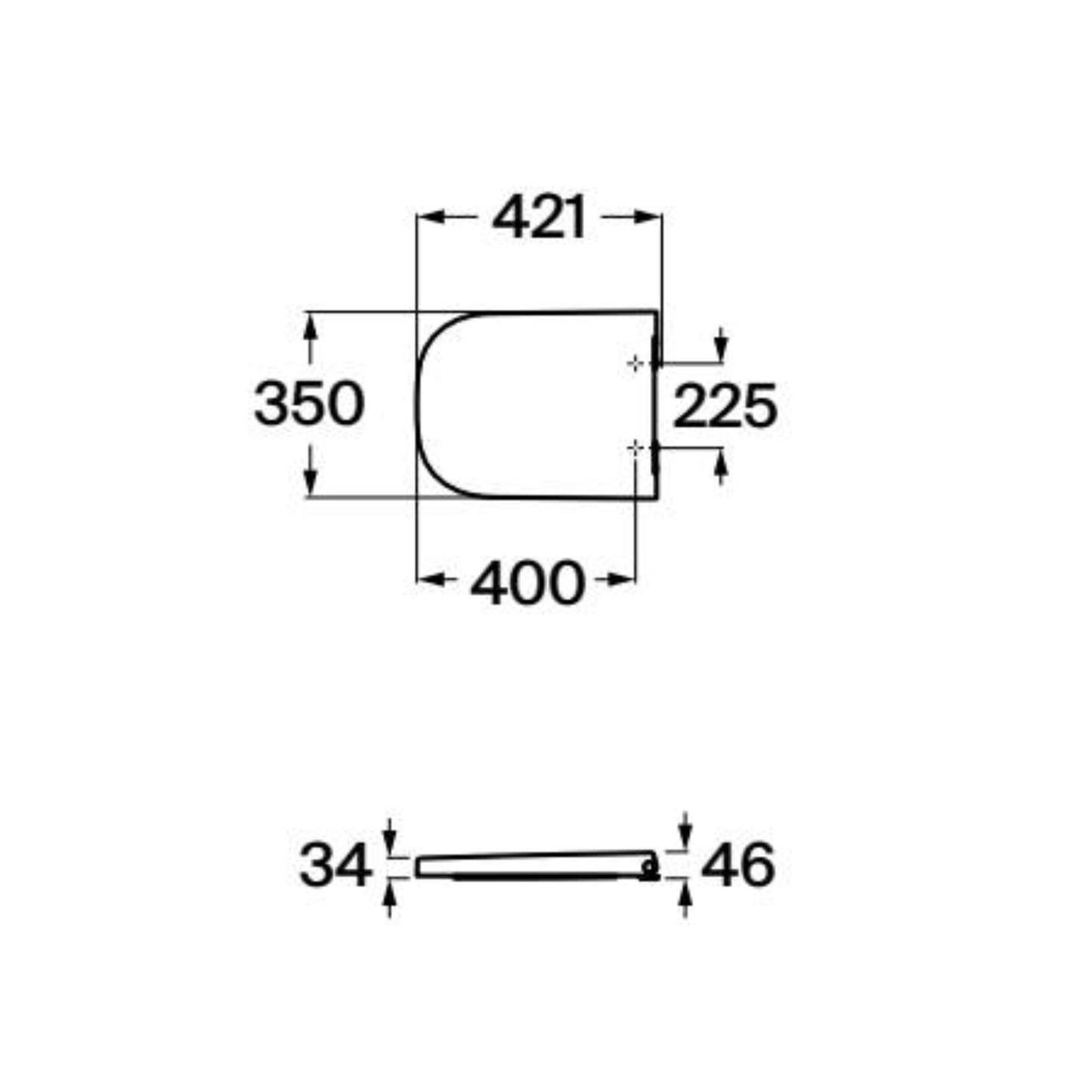 Desenho técnico com o perfil e pontos de fixação do assento de sanita The Gap 60.