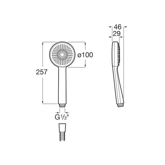 alt='Desenho técnico do chuveiro de mão Roca Stella, com indicação das suas dimensões e da ligação G1/2".'