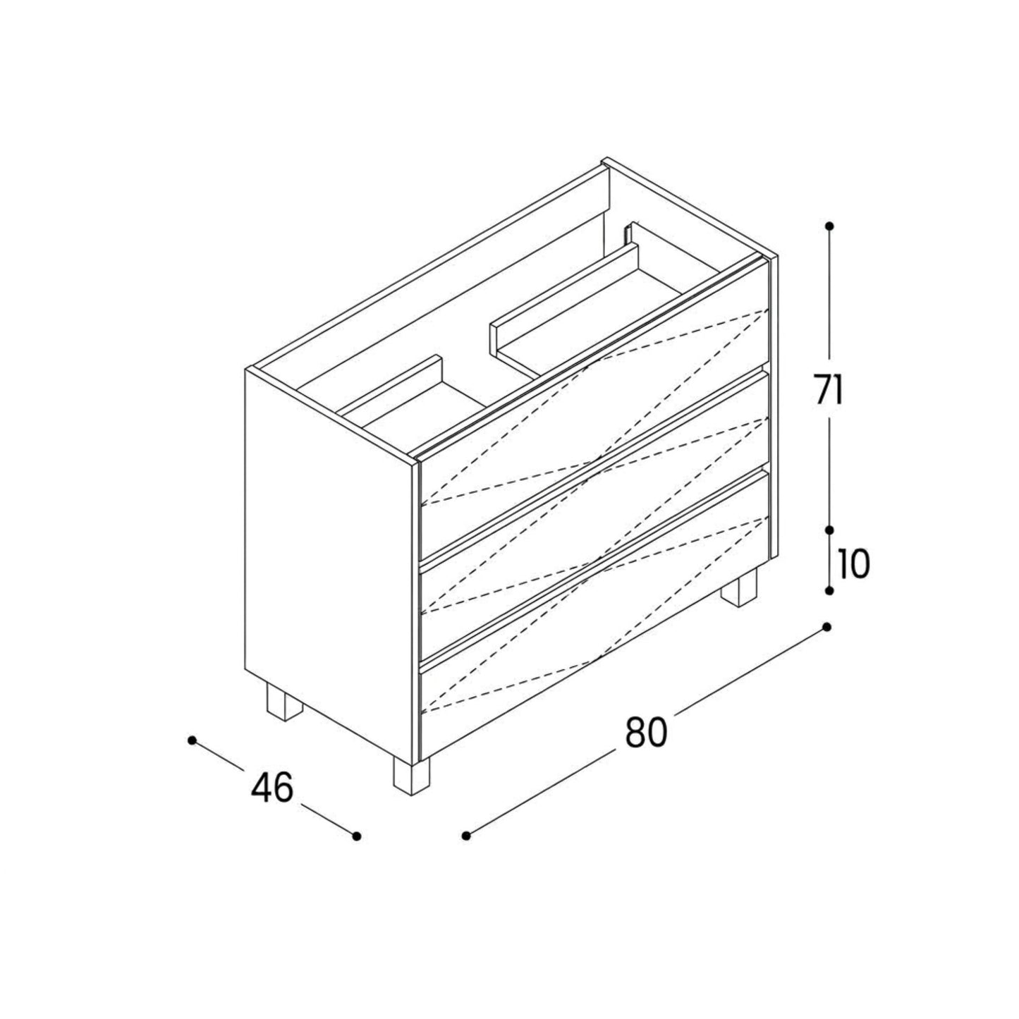 Esquema técnico com as dimensões e medidas do móvel Moovlux 80cm Axis