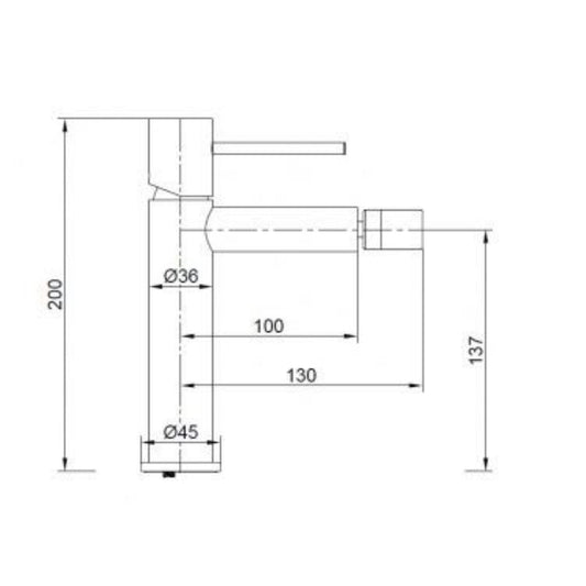 Esquema técnico com as dimensões da torneira de bidé Monza (Altura 200mm, Projeção 130mm).
