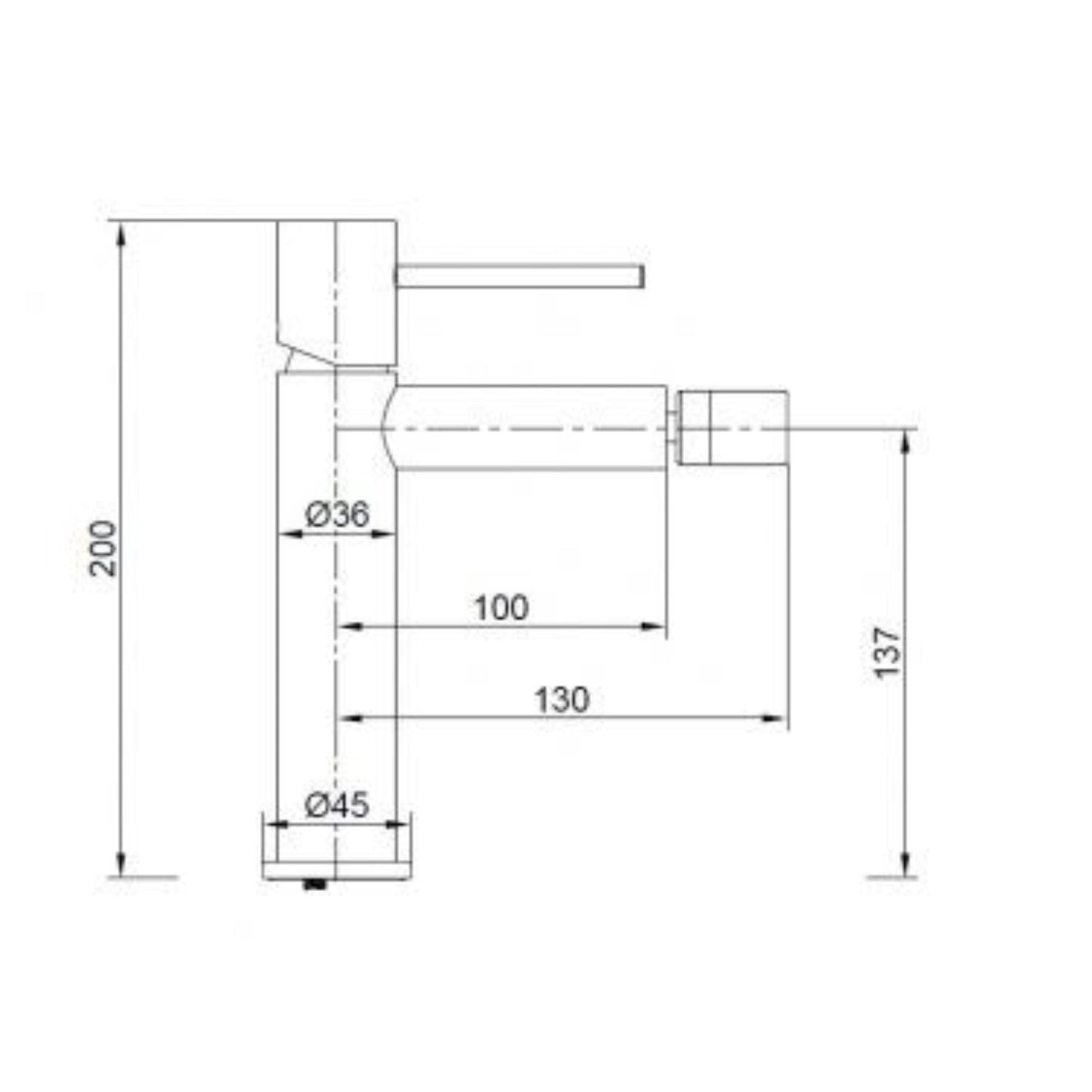 Esquema técnico com as dimensões da torneira de bidé Monza Preto Mate (Altura 200mm, Projeção 130mm).