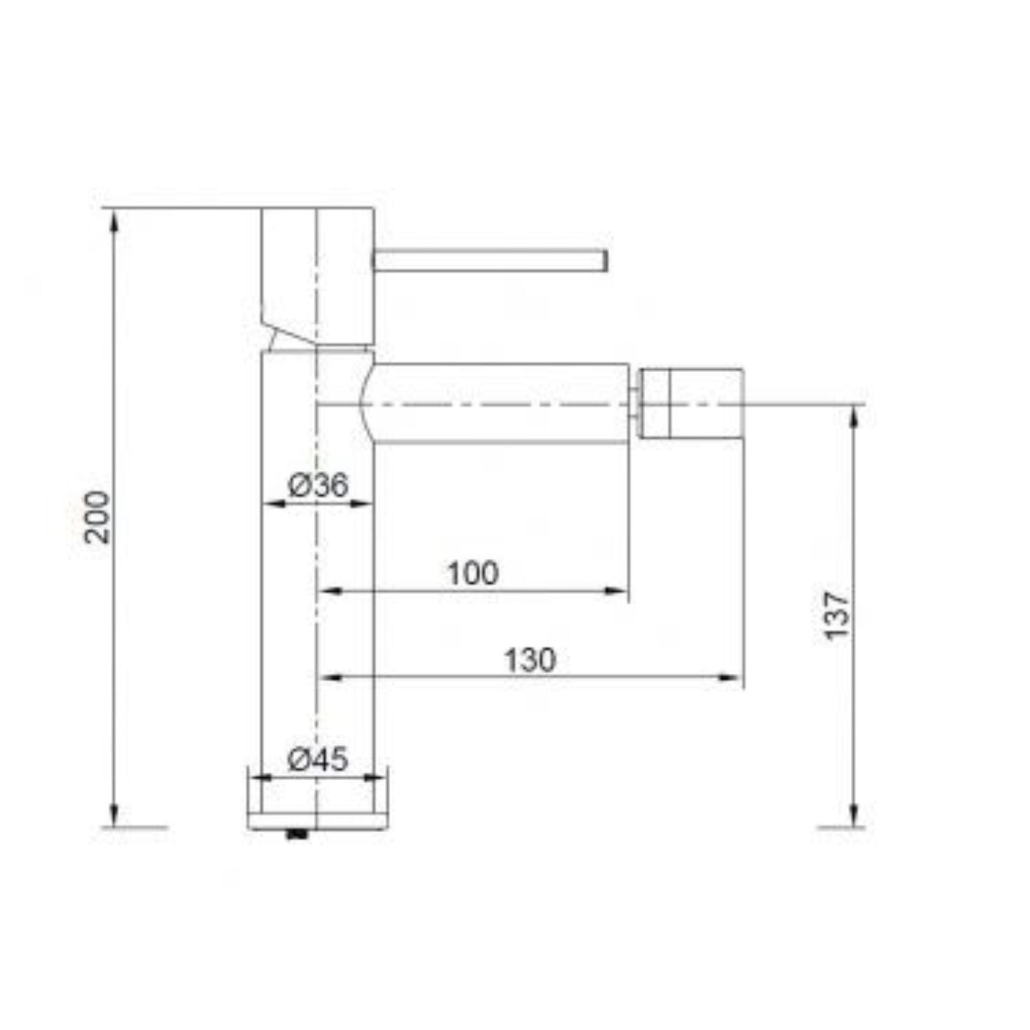 Esquema técnico com as dimensões da torneira de bidé Monza Preto Mate (Altura 200mm, Projeção 130mm).