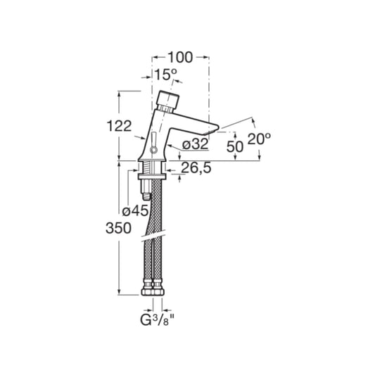 Desenho técnico com as dimensões da torneira Roca Instant temporizada: altura 122mm, projeção 100mm e ligação G3/8.