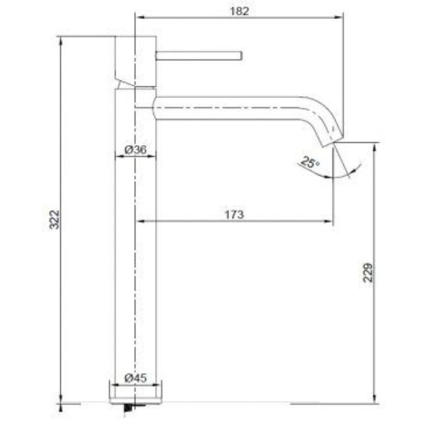 Esquema técnico e dimensões da Torneira de Lavatório Alta Monza Ouro Mate Imex