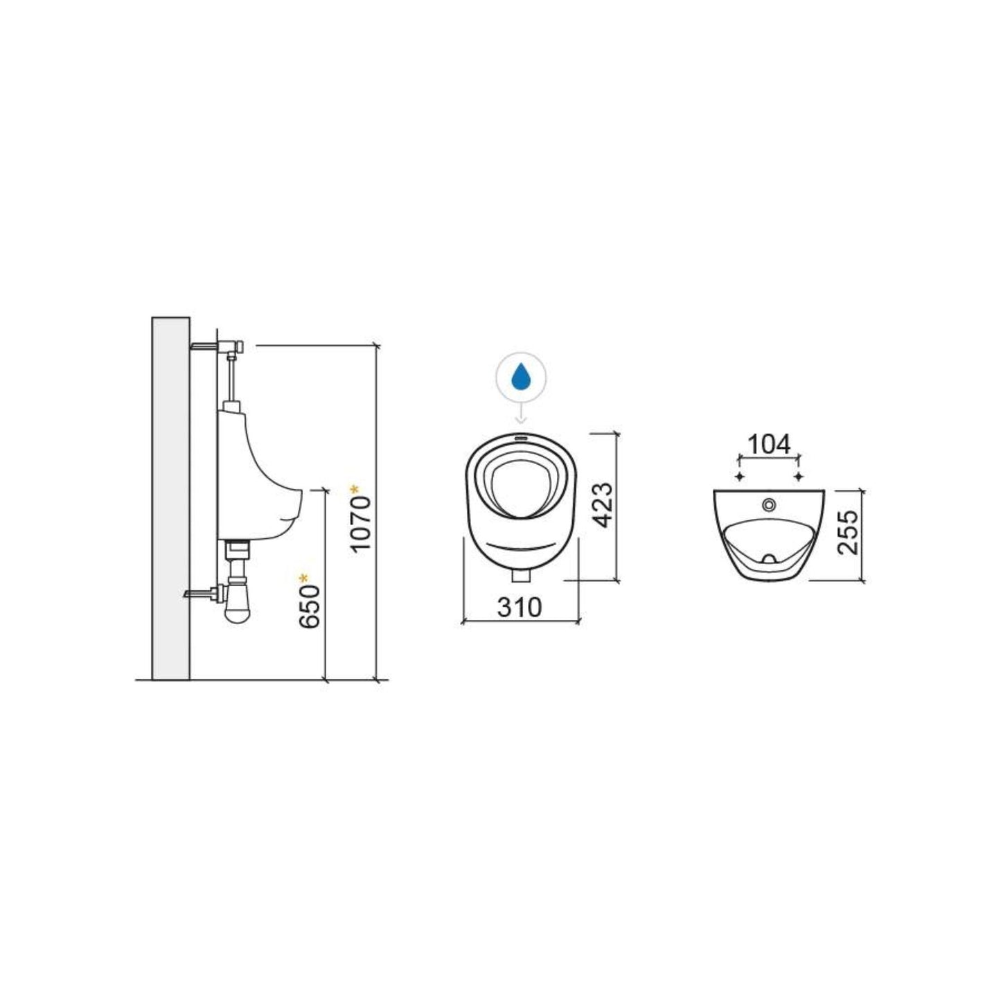 Diagrama técnico e dimensões do Urinol Sanindusa RIA (310x423x255mm), com altura de instalação.