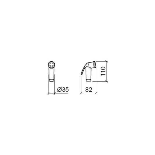 alt='Desenho técnico do chuveiro de mão do kit Aqua, mostrando as suas dimensões principais de 110mm e 82mm.'