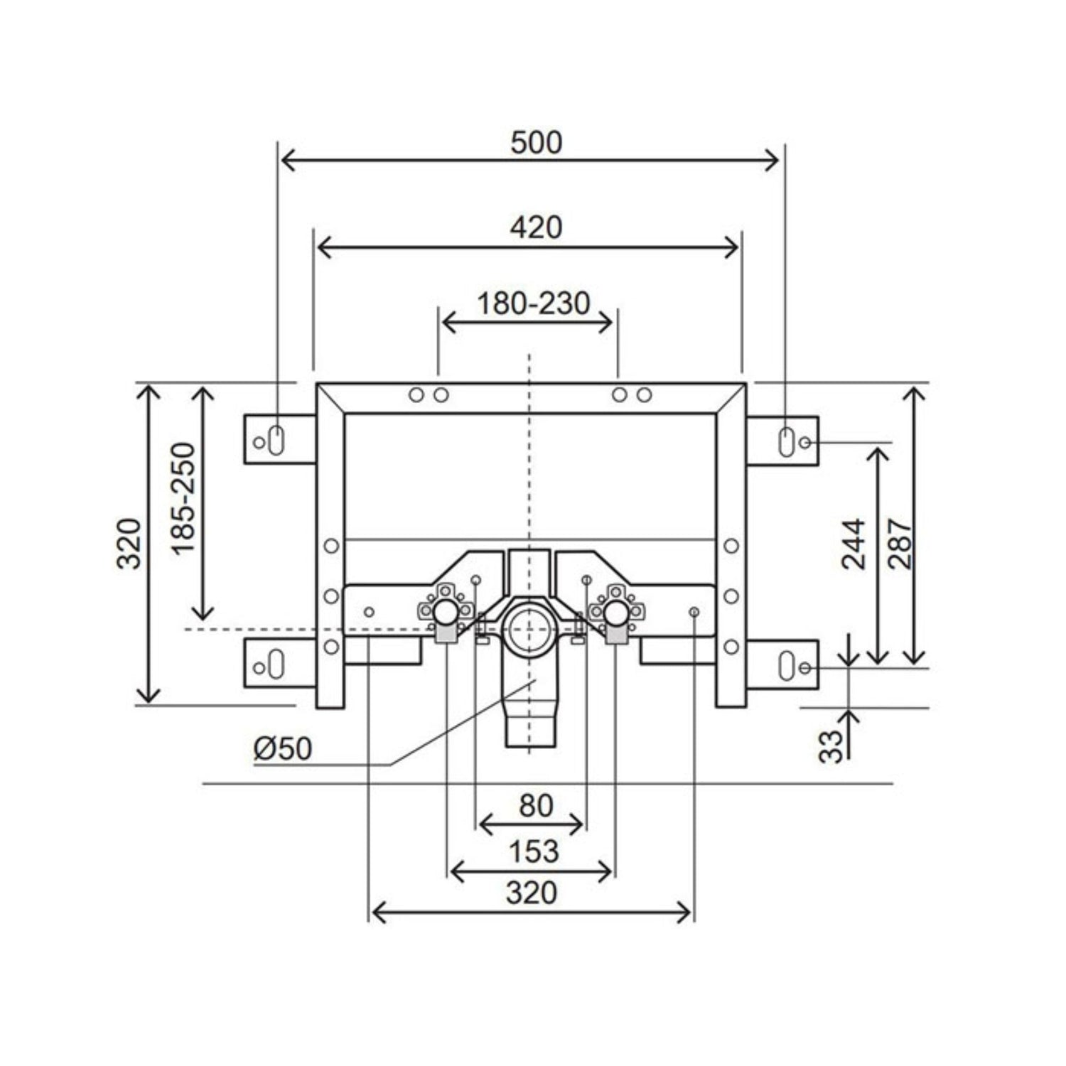 Desenho técnico com cotas e medidas da estrutura para bidé suspenso Oli Simflex