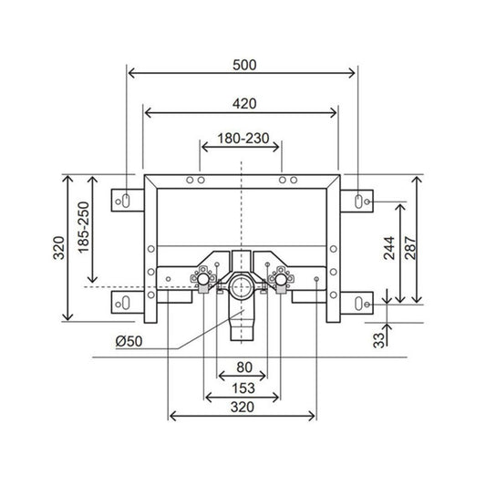 Desenho técnico com cotas e medidas da estrutura para bidé suspenso Oli Simflex