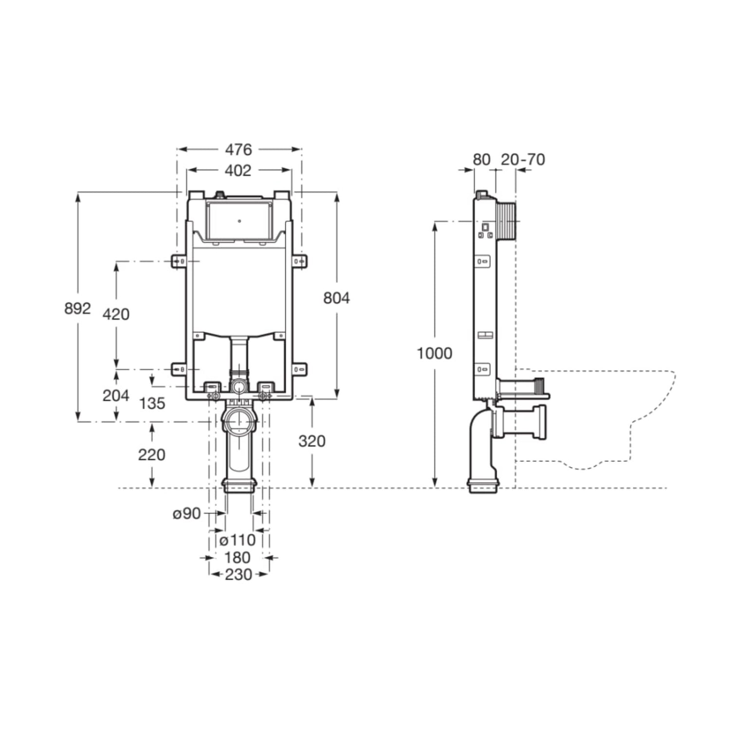 Esquema técnico com dimensões e cotas de instalação da estrutura Roca Basic One WC Compacto