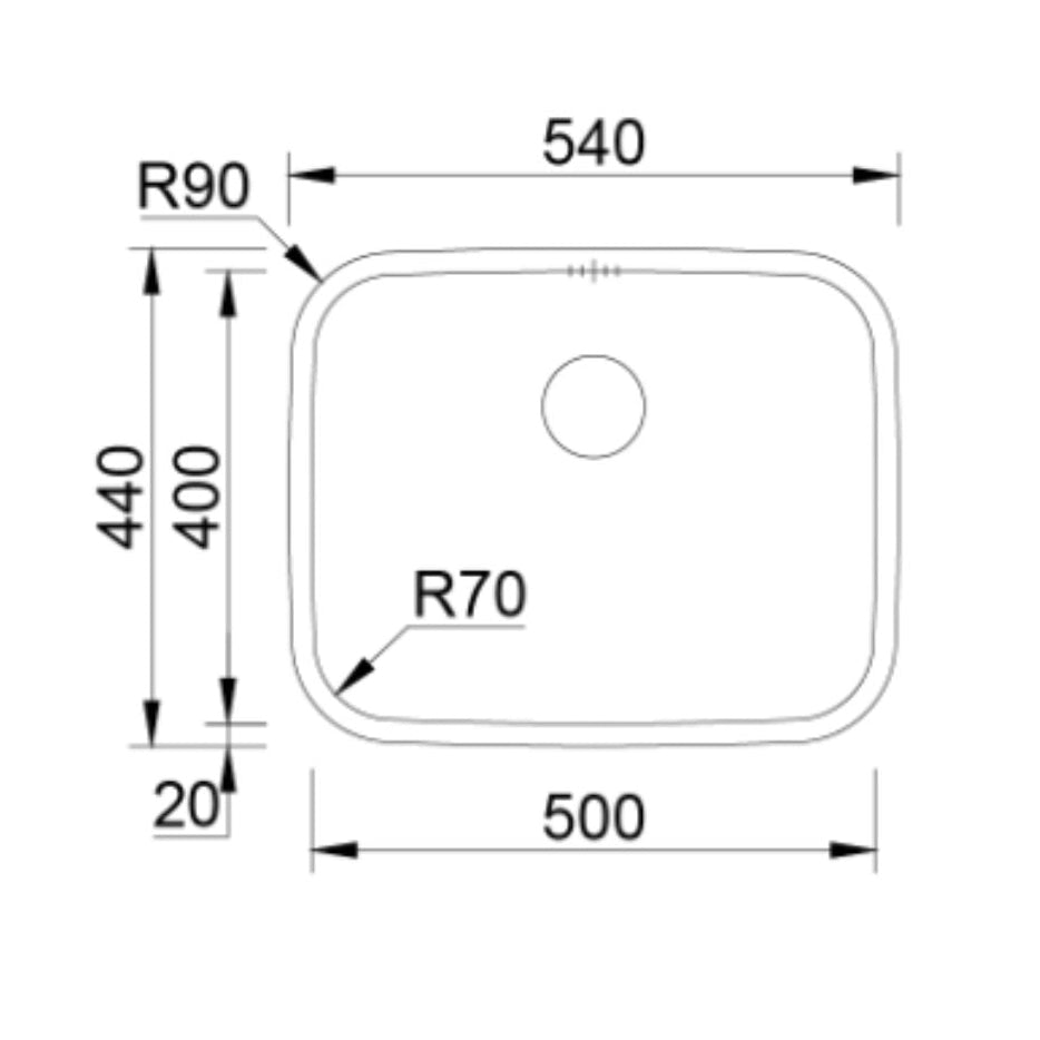 Desenho técnico com dimensões do lava-louça Belém 540x440mm profundidade 200mm e raio 70.