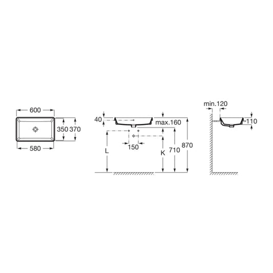 alt='Desenho técnico do lavatório de encastrar Roca The Gap com as medidas detalhadas de 600x370mm.'