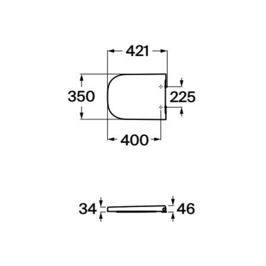 Desenho técnico com as proporções e furos de fixação do assento de sanita The Gap 60.