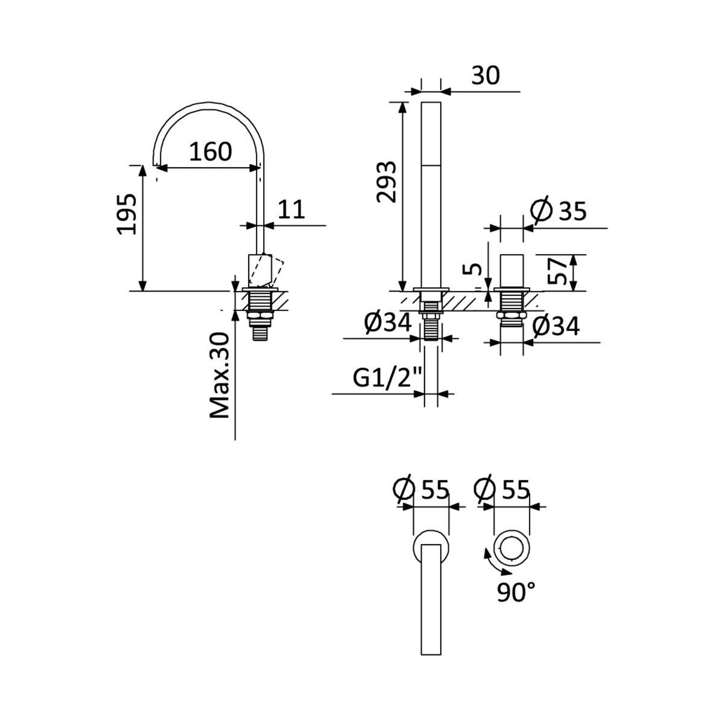 Desenho técnico detalhado da torneira Bruma Avalon Sunrise com medidas da bica e do comando de 90 graus.