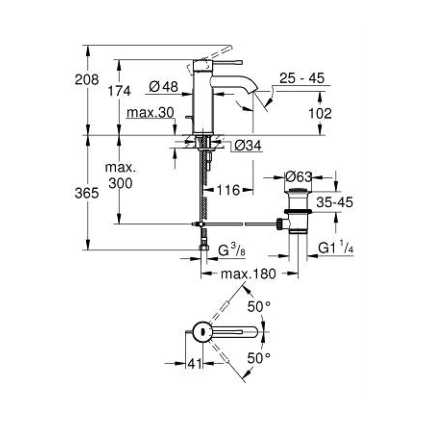 Desenho técnico detalhado com medidas da torneira Grohe Essence S, mostrando altura de 208mm e bica de 116mm.