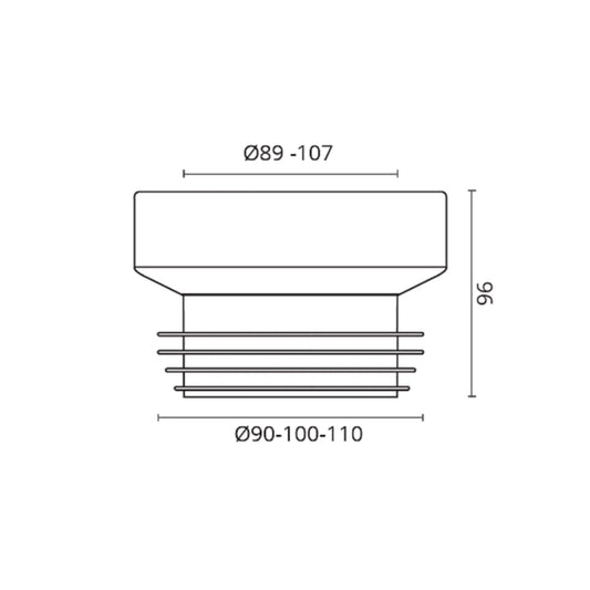 Medidas da Fita canhão Ctesi branca em PVC para ligação direta de sanita a esgoto, compatível com tubos de 90 a 110 m