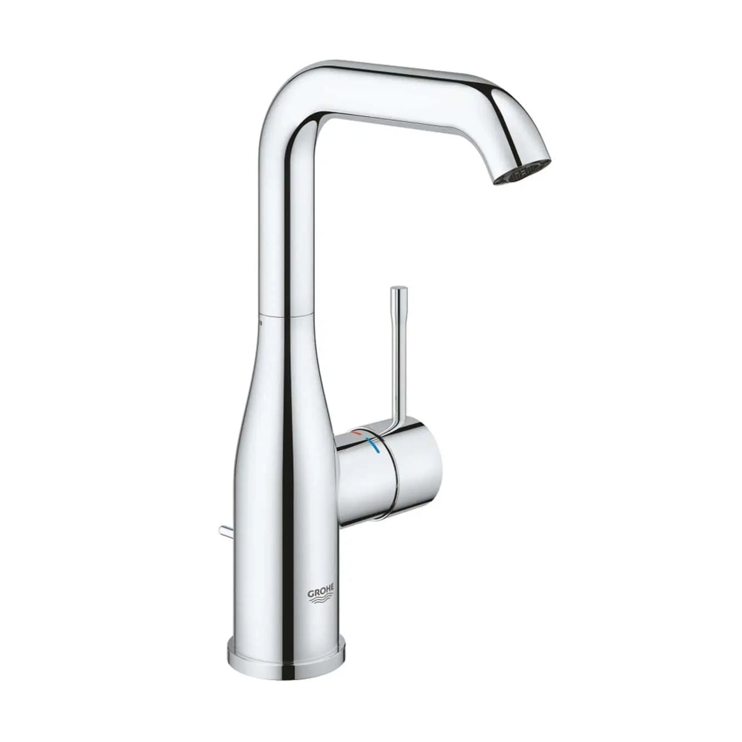 Torneira de lavatório monocomando Grohe Essence New L cromada bica alta, com corpo esguio e alavanca lateral.
