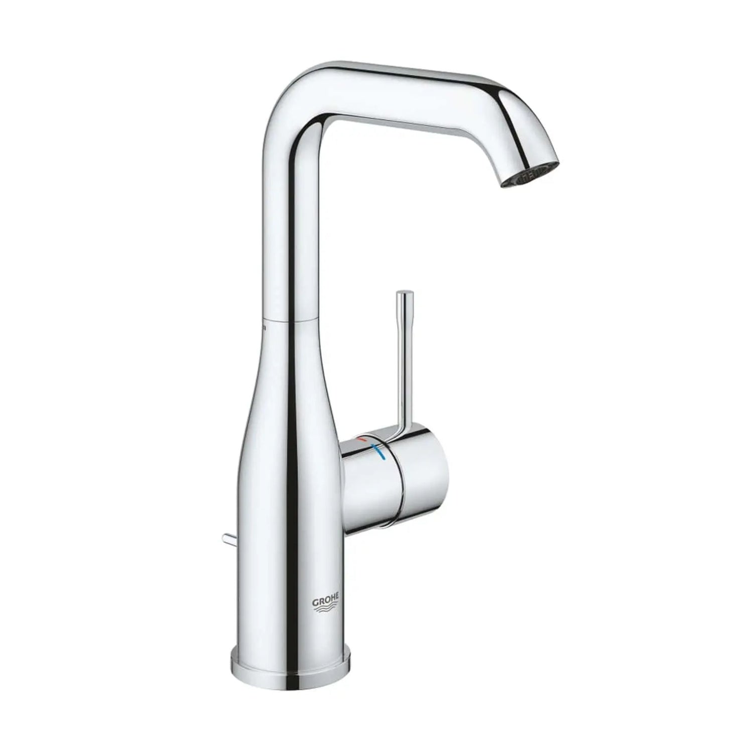 Torneira de lavatório monocomando Grohe Essence New L cromada bica alta, com corpo esguio e alavanca lateral.
