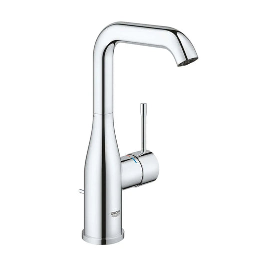 Torneira de lavatório monocomando Grohe Essence New L cromada bica alta, com corpo esguio e alavanca lateral.