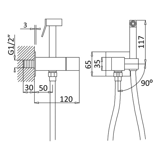 Alt Text= 'Desenho técnico do kit de chuveiro higiénico de encastrar cromado com as respetivas medidas.'