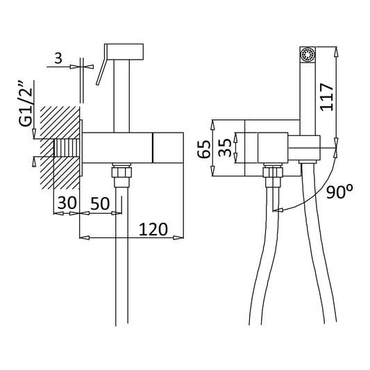 Alt Text= 'Desenho técnico do kit de chuveiro higiénico de encastrar cromado com as respetivas medidas.'