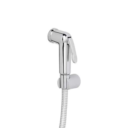 alt='Kit de duche higiénico Aqua da Sanindusa com acabamento cromado, incluindo chuveiro de mão e suporte.'