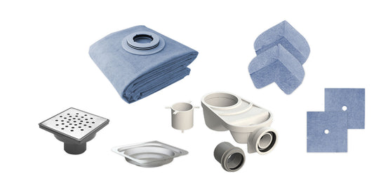 Componentes do kit Eristop incluindo tela impermeável, cantos e ralo de duche 100x100.