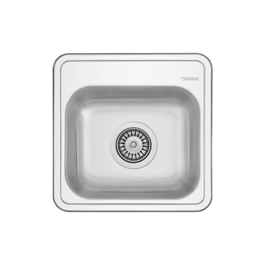 Lava-louça quadrado em aço inox de 381x381mm com uma cuba individual e acabamento polido.