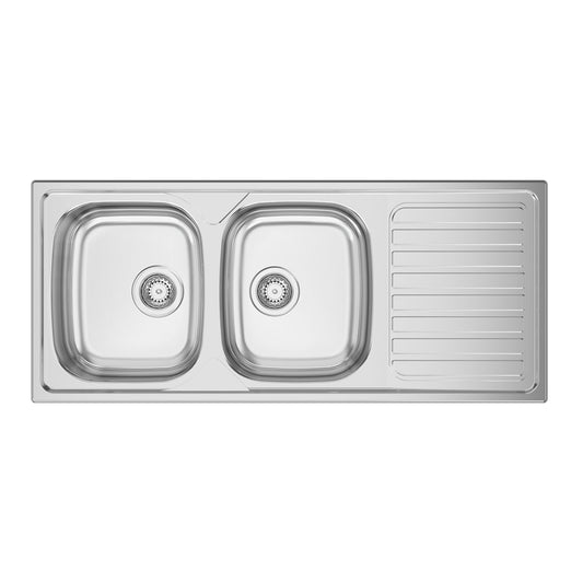 Lava-louça de encastrar Rodi Okio Line 116 em aço inox polido com duas cubas e escorredor lateral.